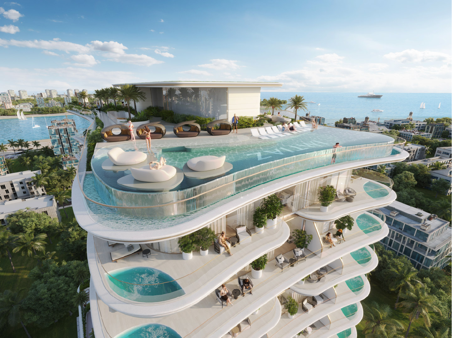 Beach Walk Iii By Imtiaz Luxurious rooftop pool with lounging areas, overlooking a scenic waterfront and city skyline with lush greenery.